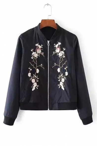 Stand-Up Collar Long Sleeve Floral Embroidered Zip Placket Jacket