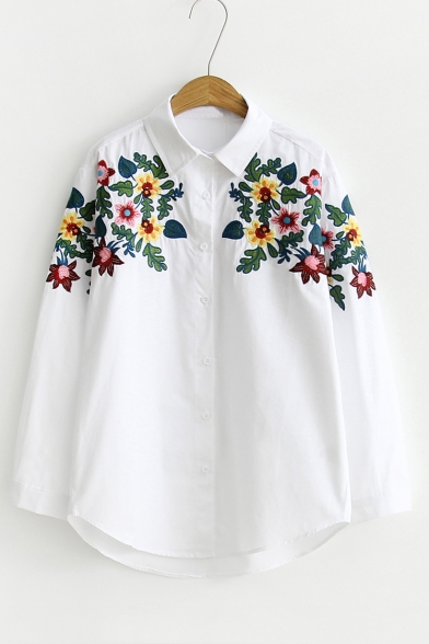 Women's Floral Embroidery Lapel Single Breasted Long Sleeve Shirt ...