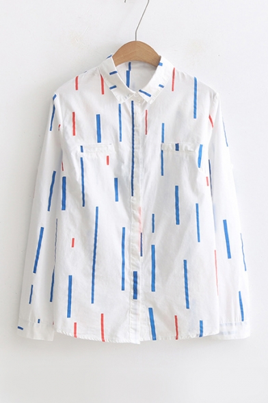 Women's Lapel Collar Long Sleeve Contrast Lines Design Buttons Down Shirt