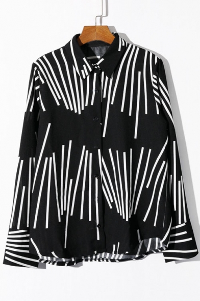 Asymmetric Vertical Striped Color Block Lapel Long Sleeve Button Down Shirt