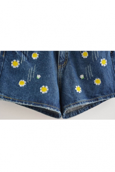 Cute Embroidery Floral Mid Waist Basic Denim Shorts