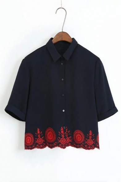 New Arrival Lapel Collar Short Sleeve Hollow Out Embroidered Hem Buttons Down Shirt