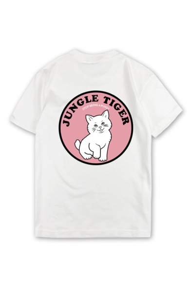 New Fashion Street Style Letter Cat Pattern Back Round Neck Short Sleeve T-Shirt