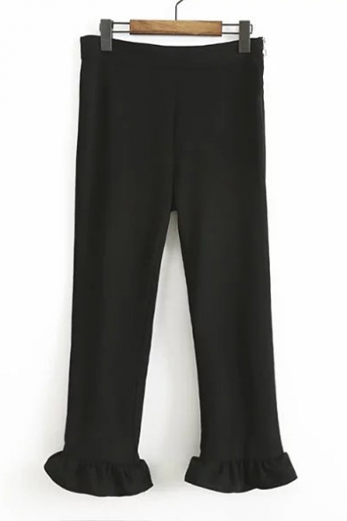 New Stylish Bell Cuffs Zip-Side Mid Waist Plain Pants