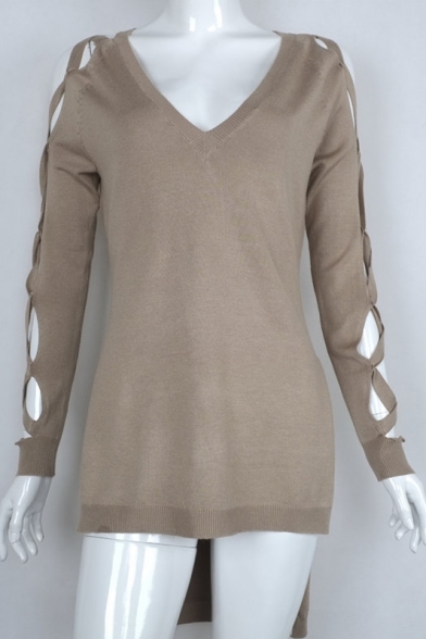Sexy Plunge V-Neck Cutout Crisscross Long Sleeve High Low Hem Plain Sweater
