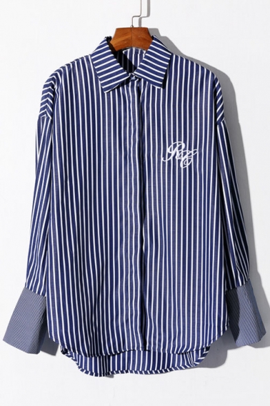 Vertical Striped Embroidery Letter Contrast Cuffs Lapel Long Sleeve Tunic Button Down Shirt