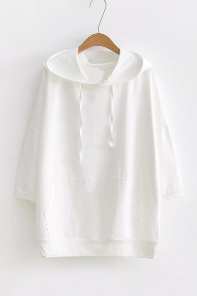 Drawstring Hooded 3/4 Length Sleeve Plain Tunic Hoodie Sweatshirt with One Pocket