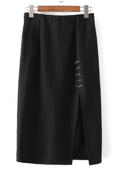 Elastic Waist Metal Button Split Front Plain Midi Pencil Skirt
