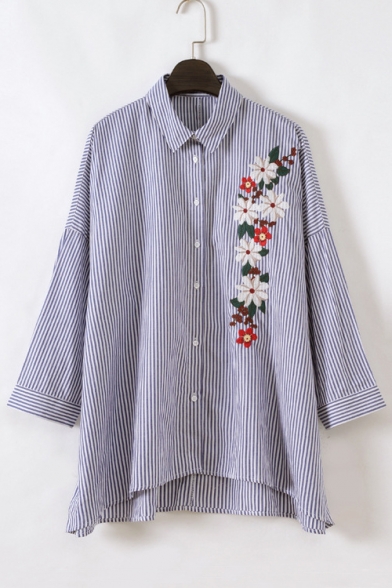 Embroidery Floral Stripped Single Breasted Lapel High Low Hem Shirt
