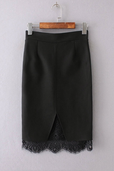 Fashion High Waist Lace Patchwork Plain Mini Bodycon Skirt