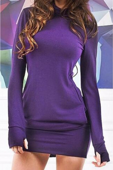 Fashion Long Sleeve Round Neck Plain Sweatshirt Mini Bodycon Dress with Pockets