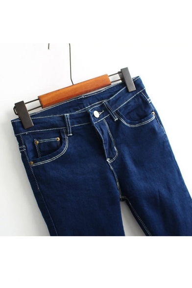 Fashion Mid Waist Zipper Closure Contrast Cuffs Skinny Basic Jeans