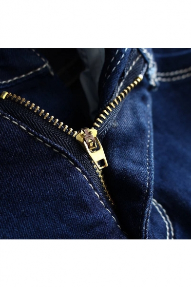 Fashion Mid Waist Zipper Closure Contrast Cuffs Skinny Basic Jeans