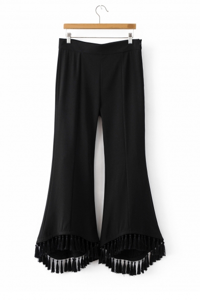 New Arrival Side Zip Tassel Trim Plain Fitted Flared Pants