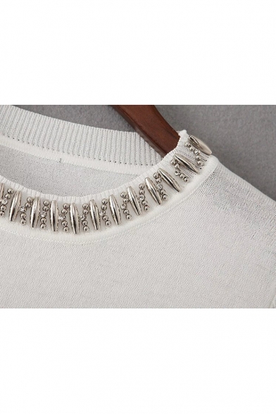 New Fashion Round Neck Half Sleeve Beaded Collar Split Cuff Knit Fit Sweater