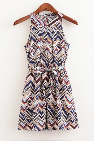 New Fashion Sleeveless Geometric Printed Color Block Mini A-Line Summer Dress with Belt