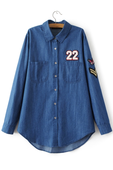Single Breasted Embroidery Appliqued Pattern Lapel Tunic Denim Shirt