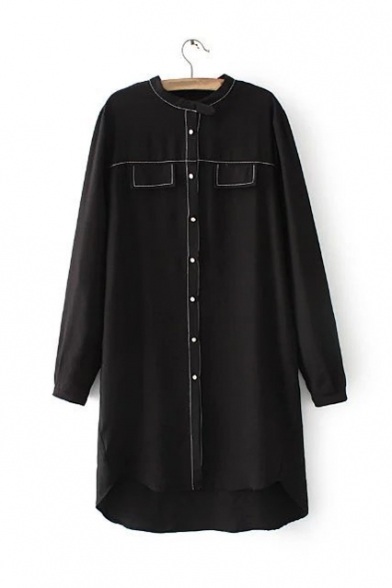 Stand-Up Collar Long Sleeve Fake Pockets Contrast Stitching High Low Hem Tunic Shirt