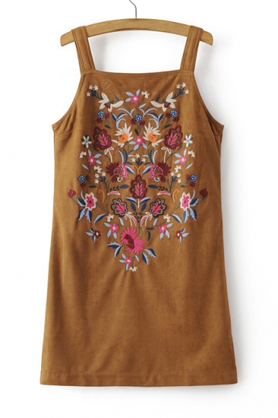 Tribal Embroidered Sleeveless Zip Back Mini Suede Overall Dress