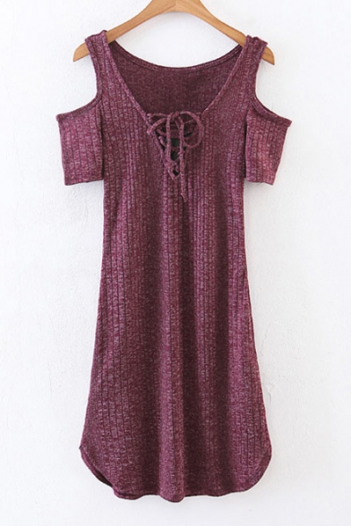 V-Neck Short Sleeve Cold Shoulder Lace-Up Front Asymmetrical Trim Knit Dress