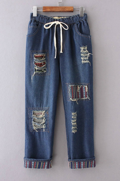 Elastic Drawstring Waist Color Block Ripped Patched Denim Tapered Pants