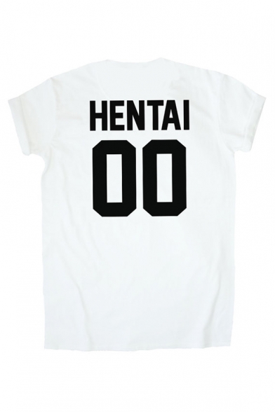 HENTAI 00 Letter Printed in Back Short Sleeve Round Neck Tee