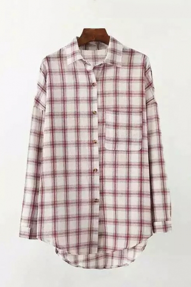 High Low Hem Single Breasted Lapel Plaid Color Block Tunic Shirt with One Pocket