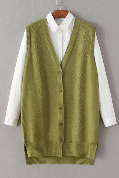 High Low Hem Single Breasted V-Neck Sleeveless Rhombus Crochet Knitted Cardigan Vest