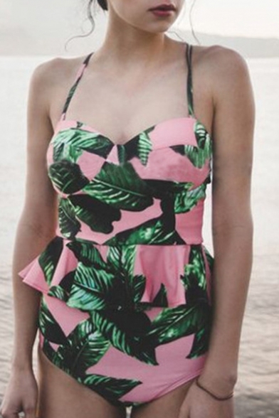 Leaves Printed Color Block Spaghetti Straps Crisscross Back One Pieces