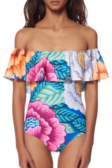 New Arrival Off the Shoulder Floral Print Ruffle Hem One Piece Swimwear