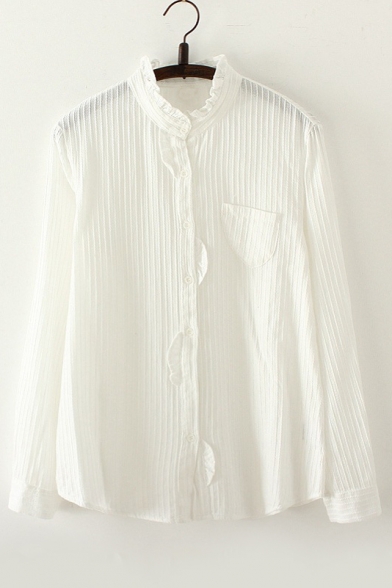 New Stylish Vertical Striped Stand-Up Collar Single Breasted Plain Shirt with One Pocket