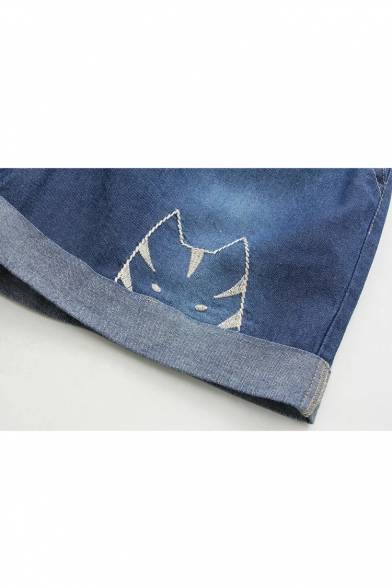 Retro Drawstring Waist Folded Trim Lovely Cat Embroidery Loose Linen Shorts