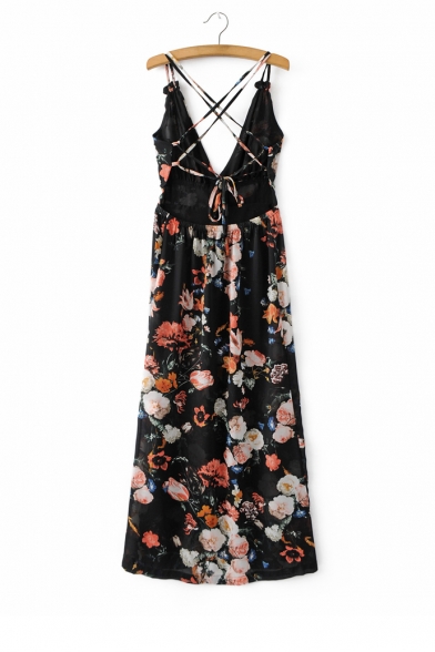 Sexy Crisscross Tied Back Plunge V-Neck Sleeveless Floral Printed Maxi Cami Dress