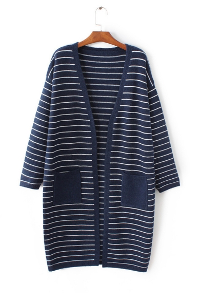 Striped Color Block Open Front Long Sleeve Tunic Cardigan with Two Pockets