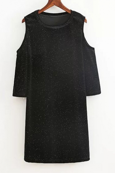 Velvet Cold Shoulder Round Neck 3/4 Length Sleeve Plain Mini Dress