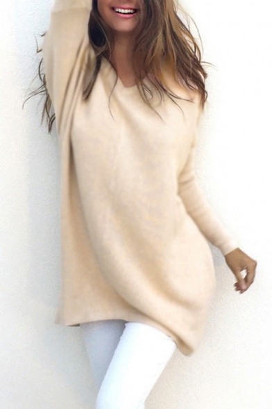 Elegant V-Neck Long Sleeve Plain Tunic Pullover Sweater
