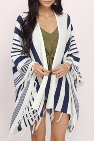 Fashion Open-Front Tassel Striped Color Block Cape Coat