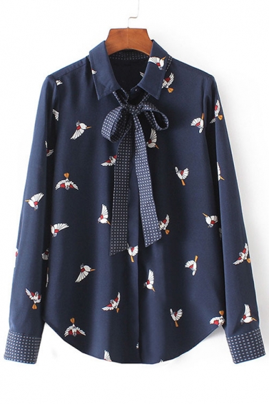Lapel Single Breasted Bird Printed Contrast Cuffs Button Down Shirt with One Tie