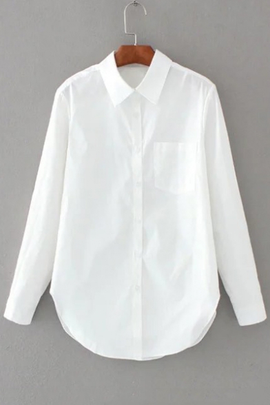 Lapel Single Breasted Long Sleeve Arced Hem Plain Shirt with One Pocket