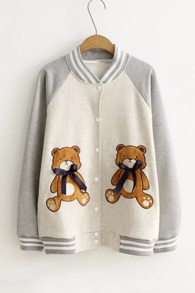 Lovely Bow Bear Patched Contrast Collar Long Sleeve Single Breasted Baseball Jacket