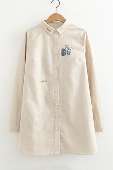 New Arrival Embroidered Lapel Collar Long Sleeve Buttons Down Tunic Shirt