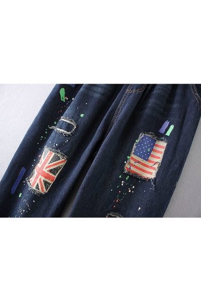 New Fashion Drawstring Waist Ripped National Flag Print Color Block Patched Tapered Jeans