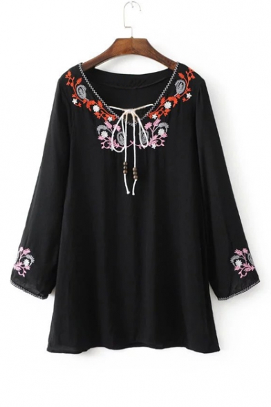 New Fashion V-Neck Long Sleeve Slit Cuff Floral Embroidery Swing Mini Dress