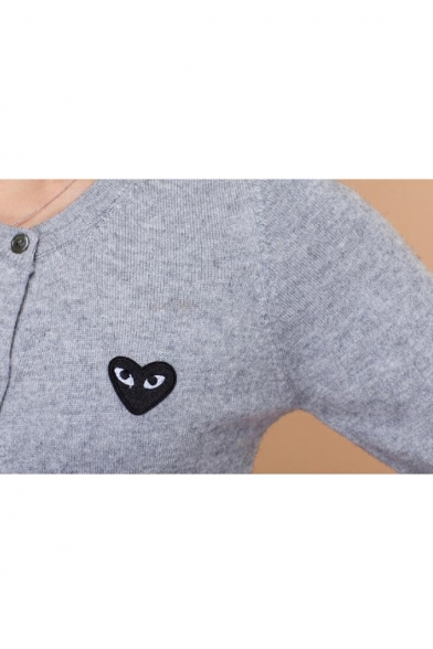 Round Neck Long Sleeve Women's Single Breasted Sweet Heart Print Knit Cardigan