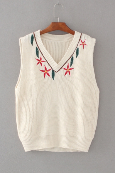 Simple V-Neck Embroidery Floral Pattern Sleeveless Sweater