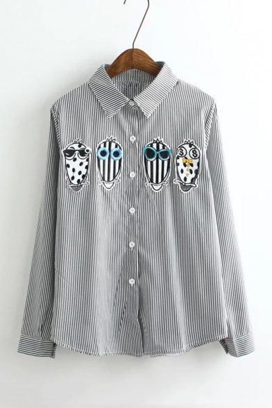 Vertical Striped Cartoon Owl Appliqued Single Breasted Long Sleeve Lapel Shirt