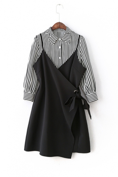 Vertical Striped Print Lapel Collar Long Sleeve Shirt Plain Wrap Mini Dress Co-ords
