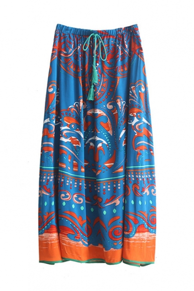 Women's Elastic Drawstring Waist Floral Print Beach Maxi Skirt