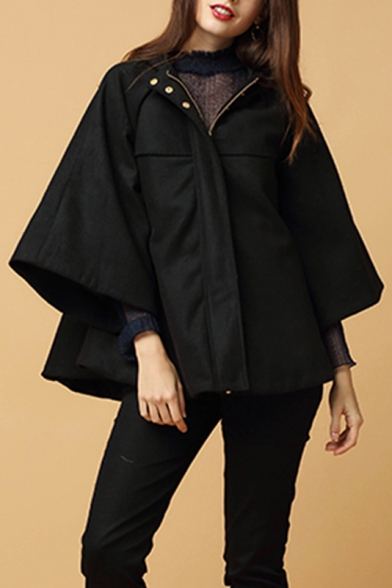 New Fashion Hooded Zip Placket Basic Casual Loose Cape Coat