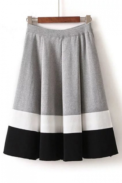 Asymmetrical Striped Color Block Elastic Waist Pleated A-Line Midi Skirt